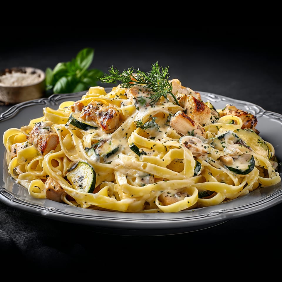 Creamy fettuccine pasta with grilled chicken, zucchini, and fresh herbs on a gray plate.