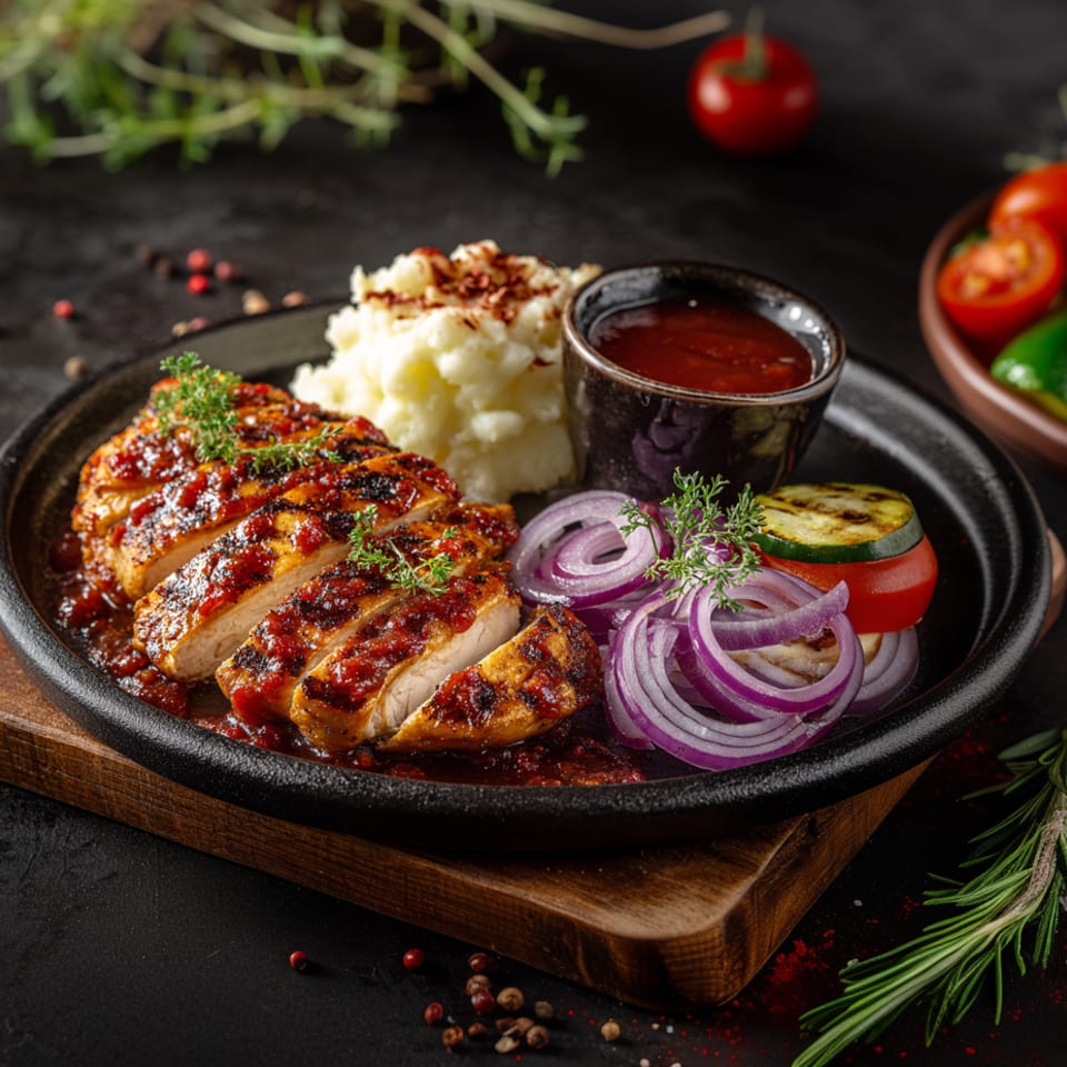Grilled chicken breast with mashed potatoes, red sauce, onions, and grilled vegetables on a black plate.