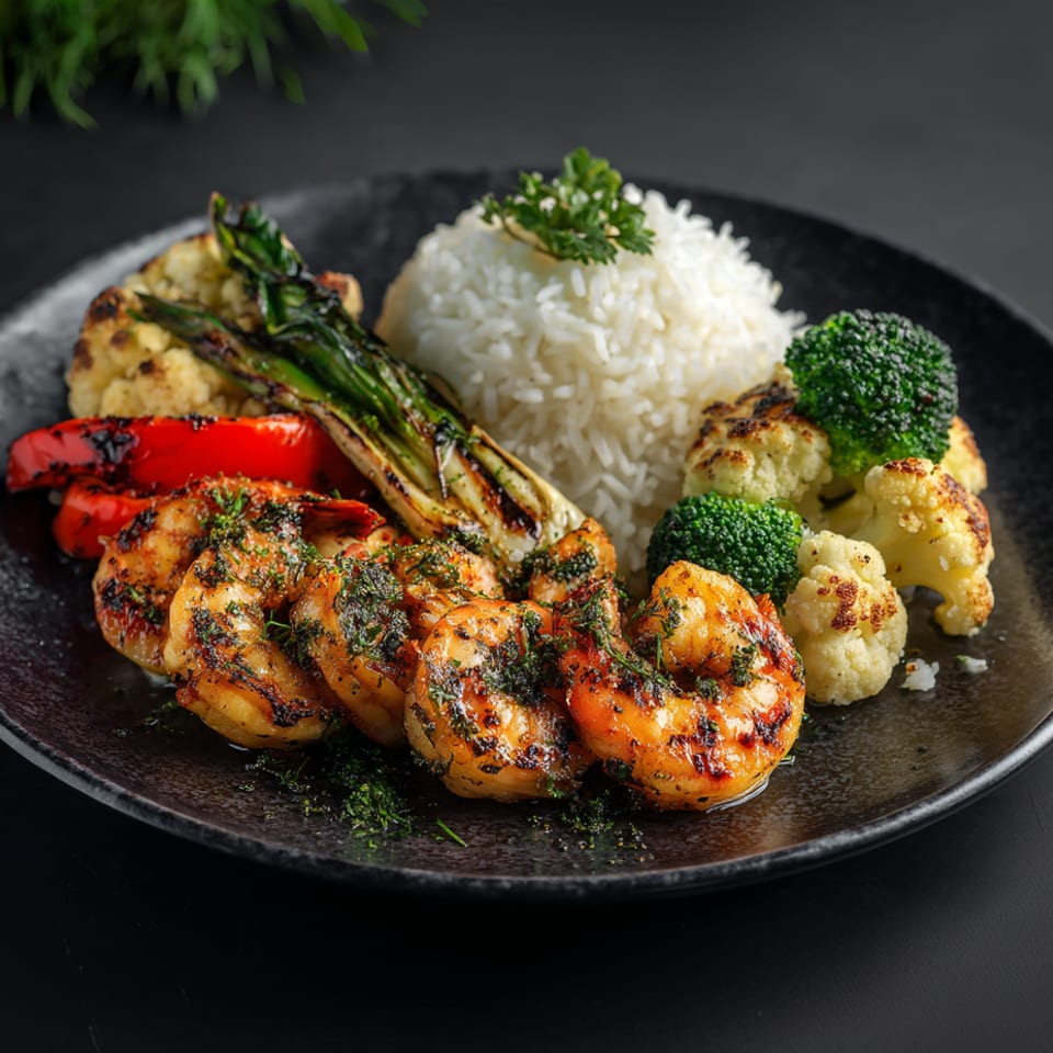 Grilled herb-seasoned shrimp with white rice, broccoli, cauliflower, roasted peppers, and charred vegetables on a black plate.