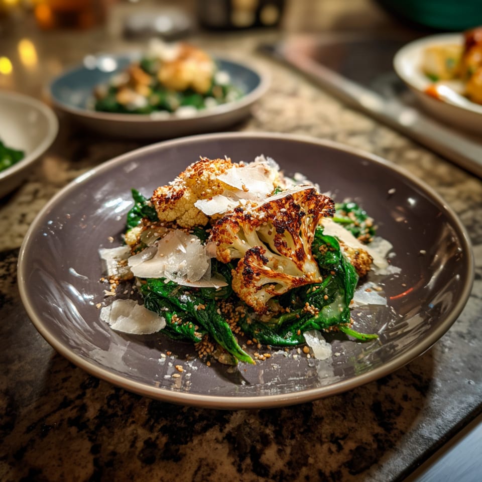 Roasted cauliflower with sautéed greens, sesame seeds, and shaved cheese served on a ceramic plate in a warmly lit restaurant.