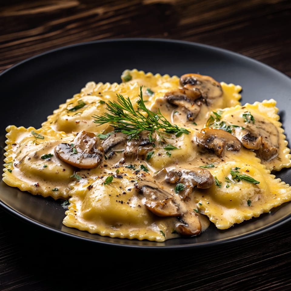 Mushroom ravioli topped with creamy sauce, herbs, and dill, served on a black plate over a dark wooden table.